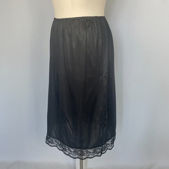 Half Slip Skirt Plus Size 26W 28W Black Satin Nylon Lace Trim Lingerie Layering - Picture 7 of 12